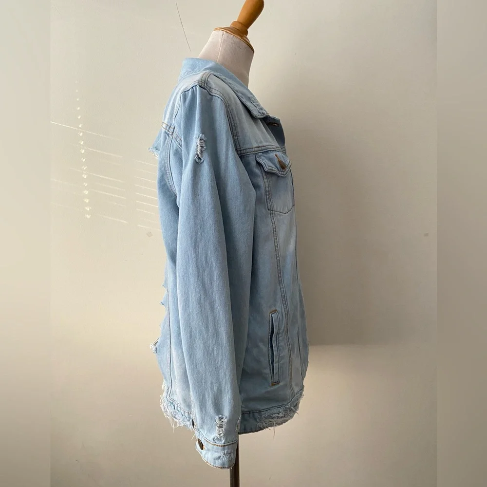 MONO B Oversized Denim Jean Jacket Distressed Cotton Women’s Size M - Picture 11 of 16